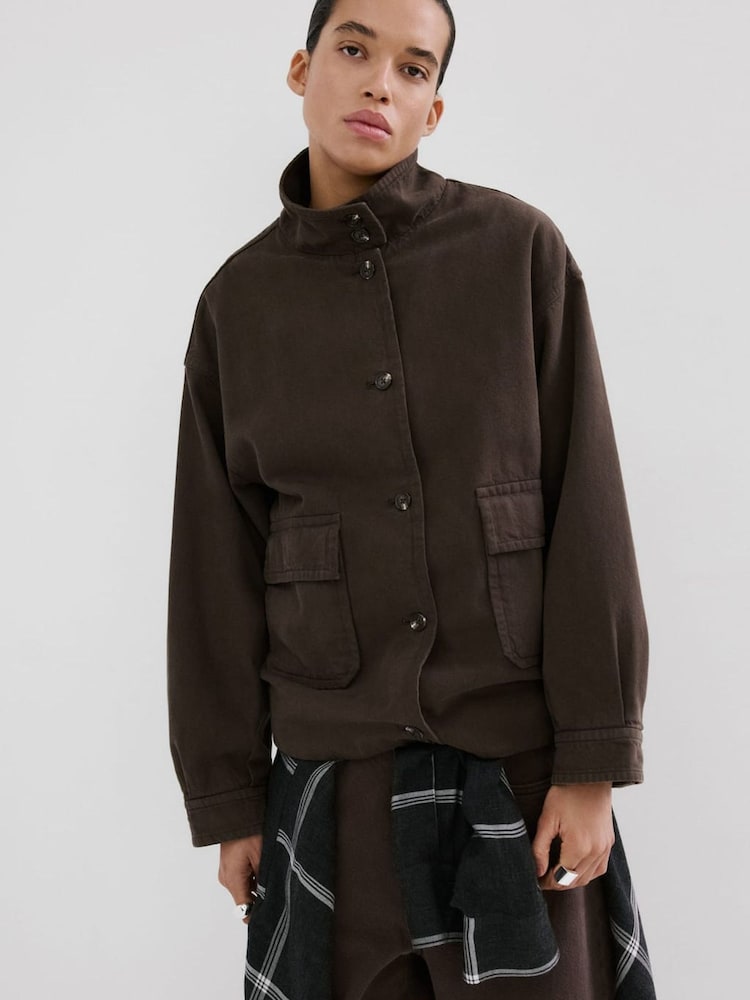 Mango Brown Button Up Funnel Neck Jacket - Image 2 of 5 Mango Brown Button Up Funnel Neck Jacket - Image 2 of 5