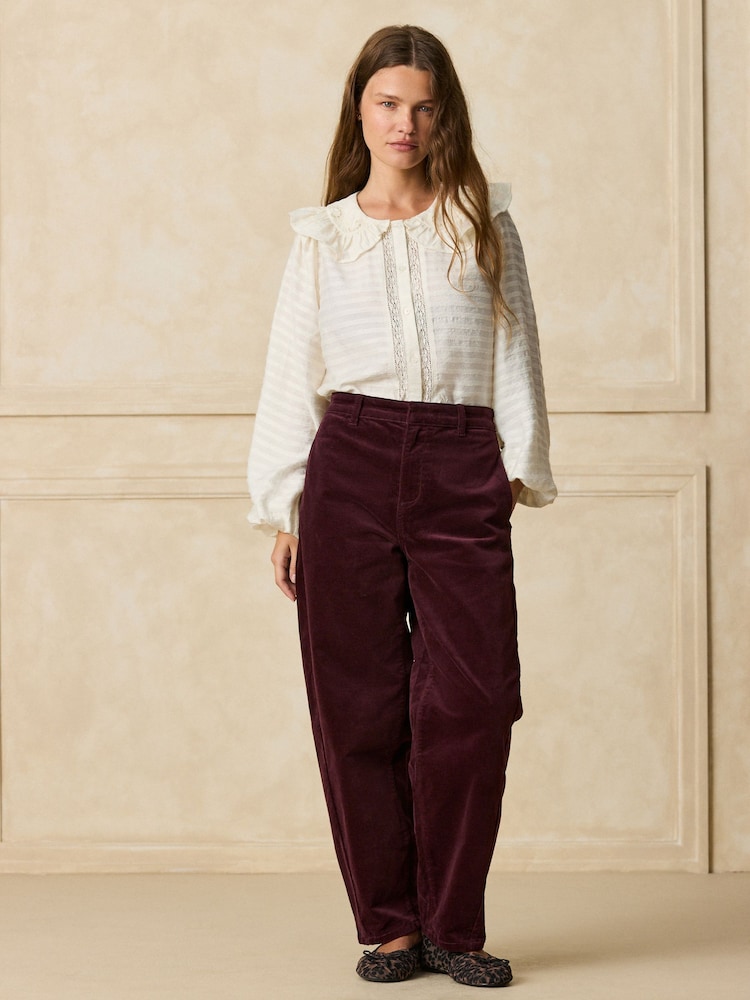Burgundy Red Mid Rise Corduroy Barrel Jeans - Image 1 of 5 Burgundy Red Mid Rise Corduroy Barrel Jeans - Image 1 of 5