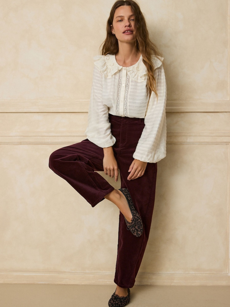 Burgundy Red Mid Rise Corduroy Barrel Jeans - Image 2 of 5 Burgundy Red Mid Rise Corduroy Barrel Jeans - Image 2 of 5