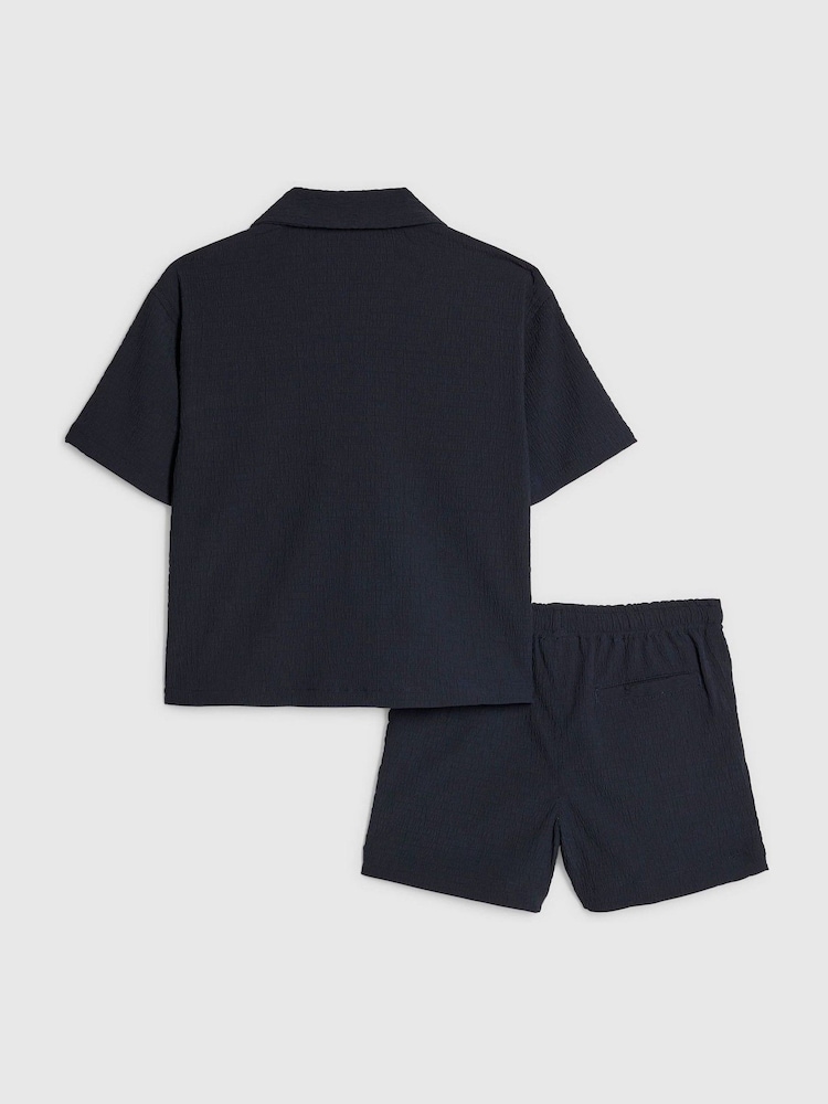 River Island Navy Textured Revere Shirt & Shorts Set - Image 2 of 4 River Island Navy Textured Revere Shirt & Shorts Set - Image 2 of 4