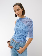 Bleu/MARRON CHOCOLAT Polka Dot - Haut cape asymétrique en maille - Image 4 de 7