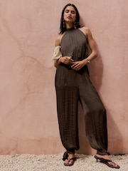 Friends Like These Chocolate Brown Balloon Satin Jumpsuit - Image 3 of 4