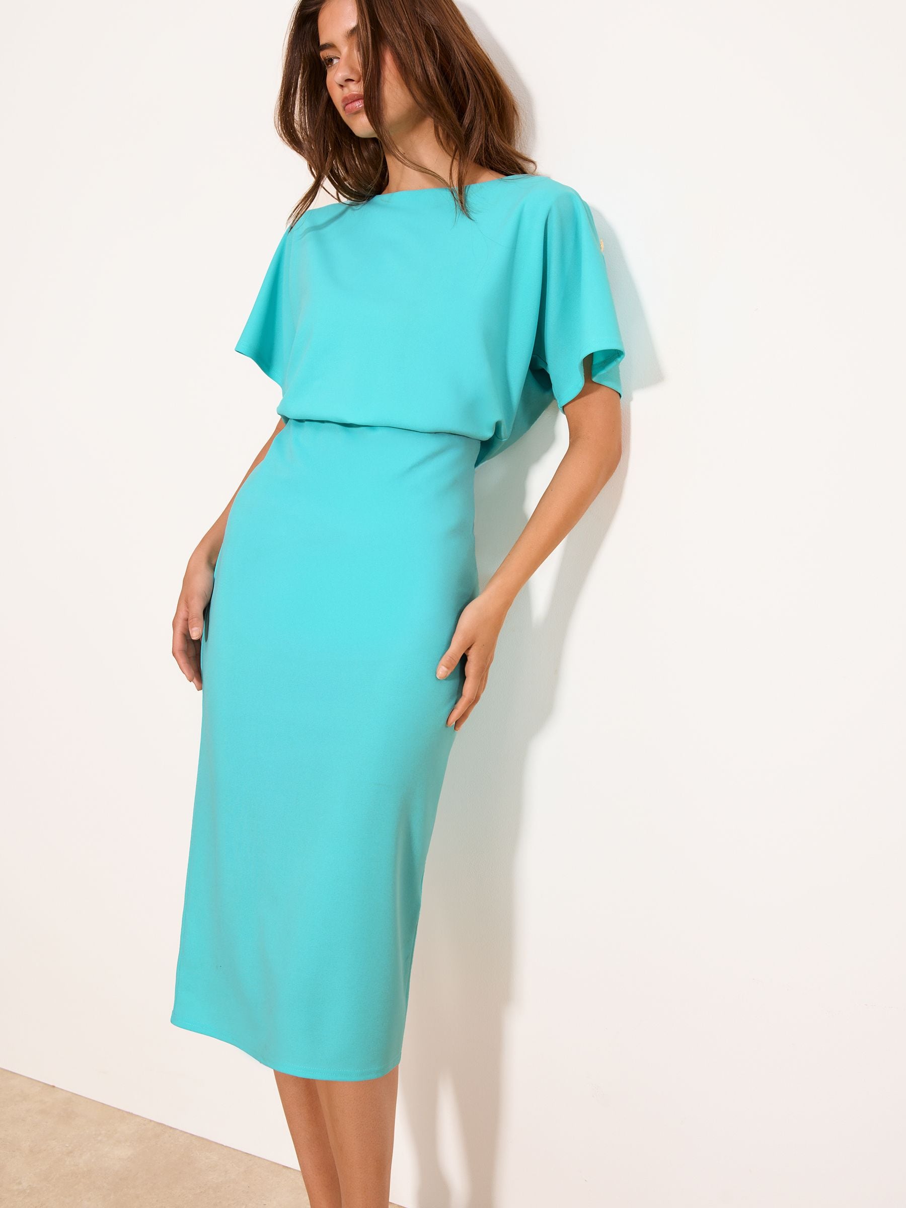 lipsy two tone pleated bodycon dress Womens Aqua Blue Short Sleeve Blouson Midi US 14 sheer organza trench coat women Bari Jay: Bridesmaids, Prom, flattering bodycon skirt Sizes:LG