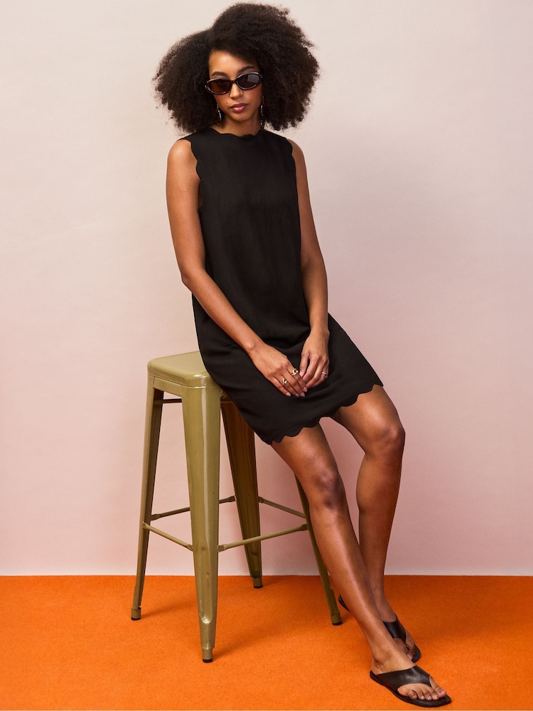 Ro&Zo Black Petite Scallop Edge Mini Dress With Linen - Image 1 of 4 Ro&Zo Black Petite Scallop Edge Mini Dress With Linen - Image 1 of 4