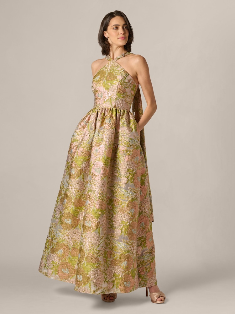 Adrianna Papell Pink Aidan Mattox Floral Jacquard Long Dress - Image 1 of 6