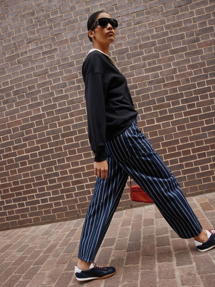 Indigo Blue/ White Striped Double Pocket Barrel Jeans - Image 1 of 9 Indigo Blue/ White Striped Double Pocket Barrel Jeans - Image 1 of 9