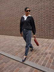 Indigo Blue/ White Striped Double Pocket Barrel Jeans - Image 2 of 9