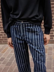 Indigo Blue/ White Striped Double Pocket Barrel Jeans - Image 5 of 9