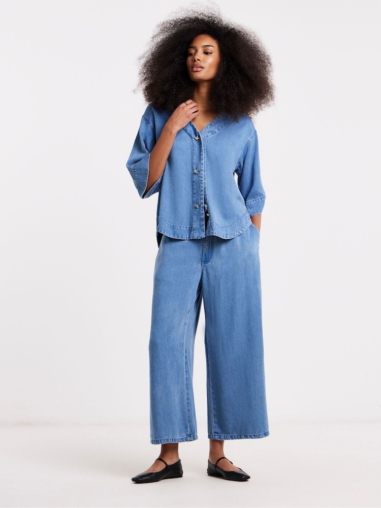 Simply Be Blue Lightweight Denim Tie Waist Culotte Co-Ord Jeans - Image 1 of 4