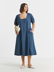 Simply Be Blue Gingham Collared Denim Midi Dress - Image 1 of 4