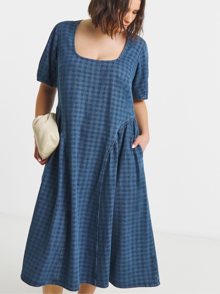 gingham denim dress Womens Simply Be Blue Gingham Collared Denim Midi Dress US 8