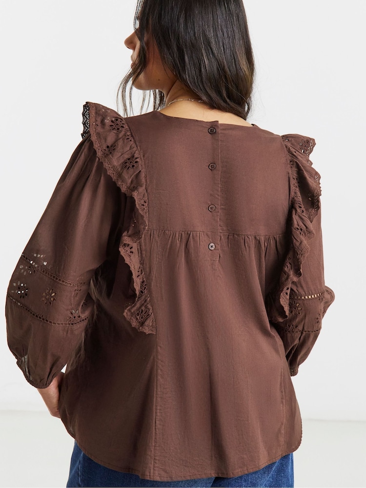 Simply Be Brown Broderie Yoke Blouse - Image 2 of 4 Simply Be Brown Broderie Yoke Blouse - Image 2 of 4