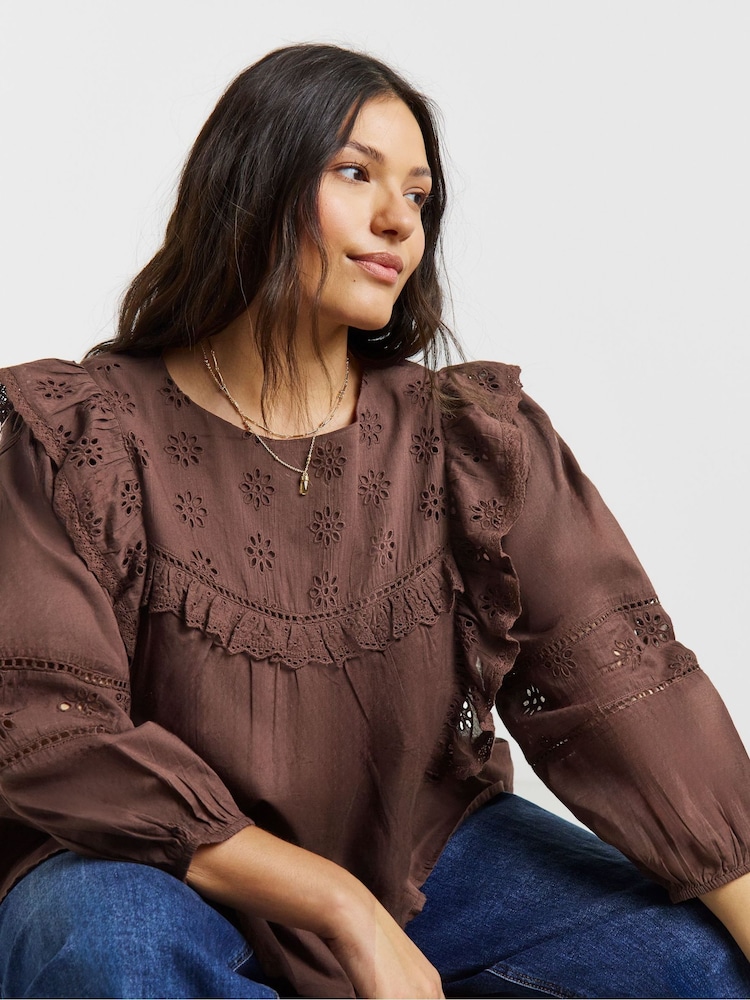 Simply Be Brown Broderie Yoke Blouse - Image 4 of 4 Simply Be Brown Broderie Yoke Blouse - Image 4 of 4