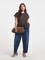 Simply Be Brown Shirred Peplum Top - Image 1 of 4