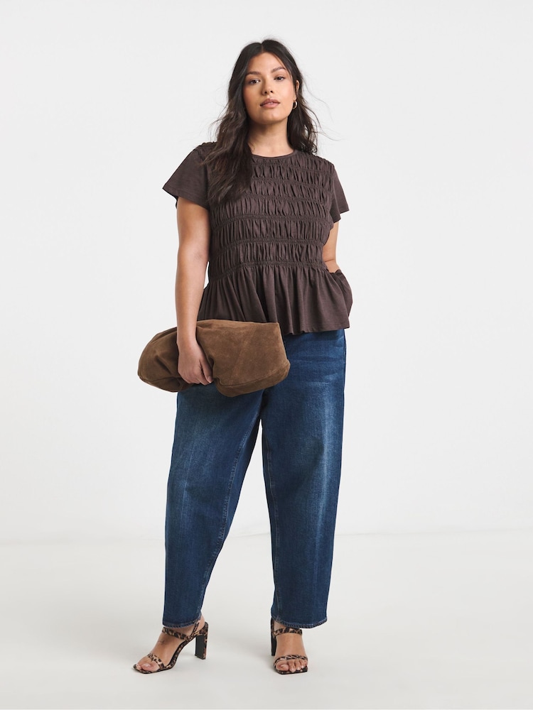 Simply Be Brown Shirred Peplum Top - Image 1 of 4 Simply Be Brown Shirred Peplum Top - Image 1 of 4