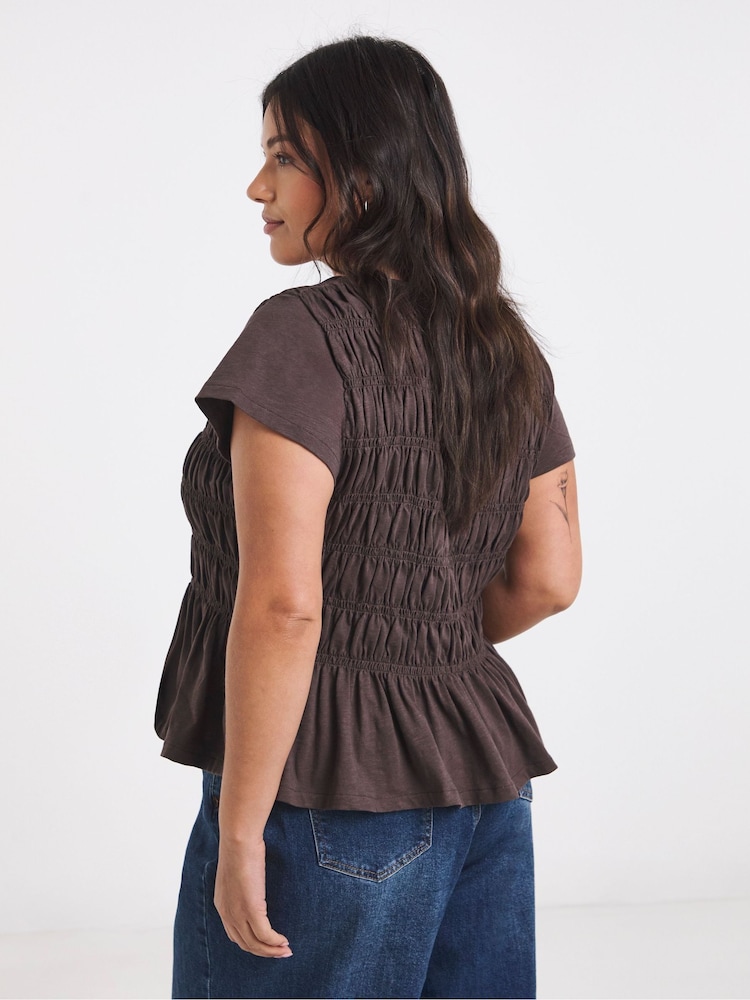 Simply Be Brown Shirred Peplum Top - Image 2 of 4 Simply Be Brown Shirred Peplum Top - Image 2 of 4