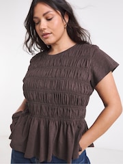 Simply Be Brown Shirred Peplum Top - Image 3 of 4