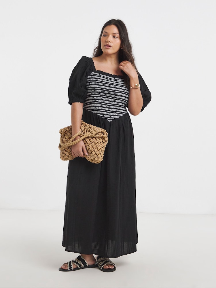 Simply Be Black Shirred Midi Dress - Image 1 of 4