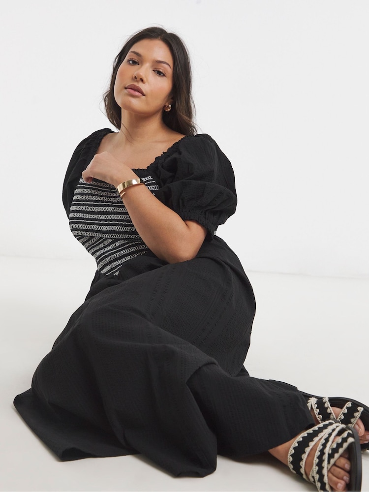 womens shirred midi dress Annette Puff Sleeve Shirred Midi Dress