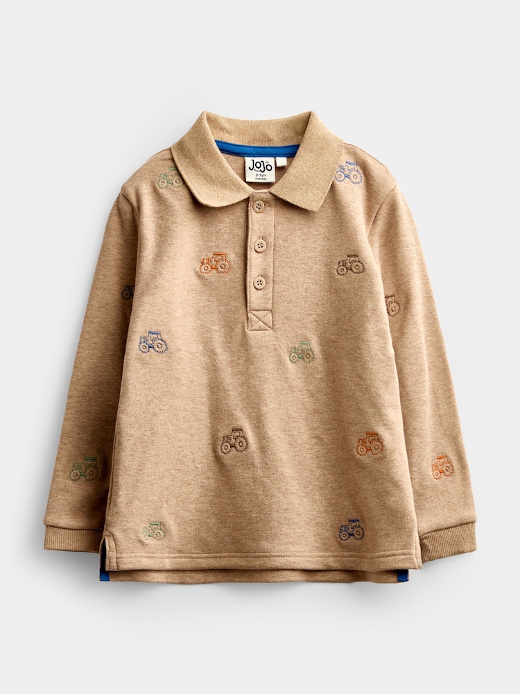 JoJo Maman Bébé Brown Marl Tractor Embroidered Polo Shirt - Image 1 of 4 JoJo Maman Bébé Brown Marl Tractor Embroidered Polo Shirt - Image 1 of 4