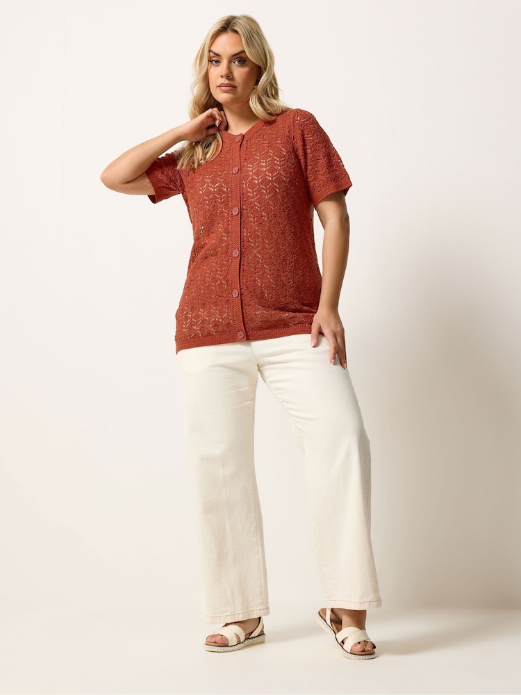 Yours Curve Brown Button Through Short Sleeve Top - Image 2 of 5