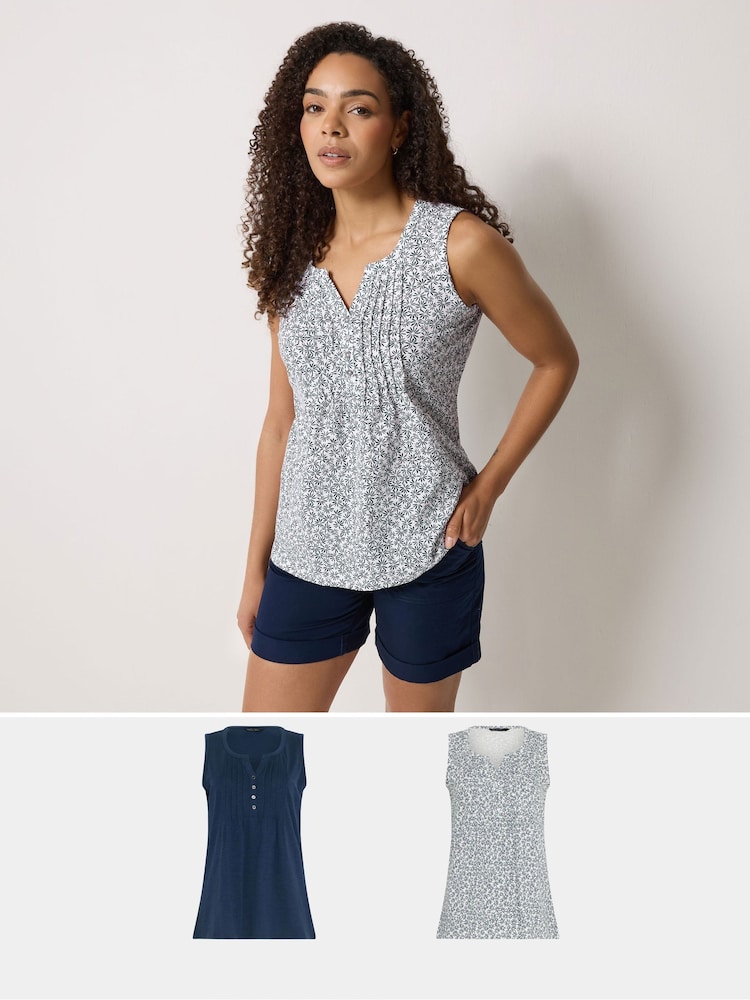 M&Co Blue Cotton Sleeveless Henley Tops 2 Pack - Image 1 of 8