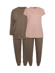 Yours Curve Pink Joggers Sweatshirt & T-Shirt Set 2 Pack - Image 1 of 6