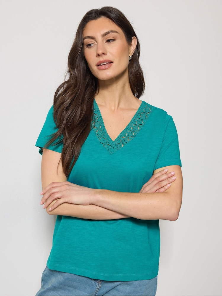 M&Co Blue Lace Trim V-Neck T-Shirt - Image 1 of 5 M&Co Blue Lace Trim V-Neck T-Shirt - Image 1 of 5