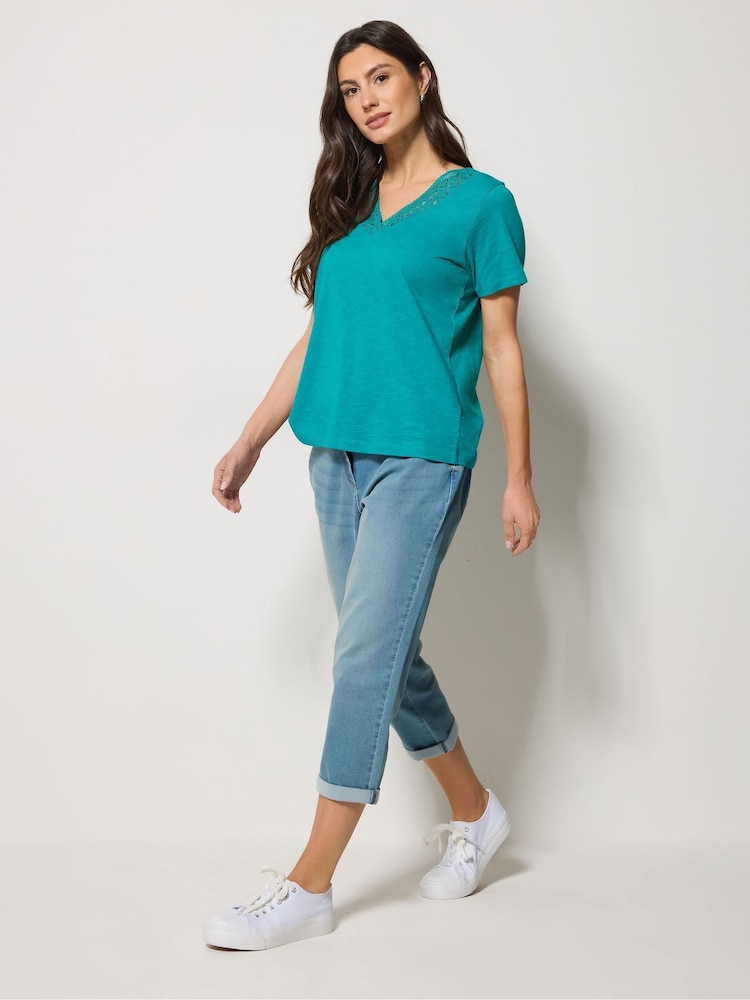 M&Co Blue Lace Trim V-Neck T-Shirt - Image 2 of 5 M&Co Blue Lace Trim V-Neck T-Shirt - Image 2 of 5