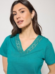 M&Co Blue Lace Trim V-Neck T-Shirt - Image 4 of 5