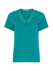 M&Co Blue Lace Trim V-Neck T-Shirt - Image 5 of 5