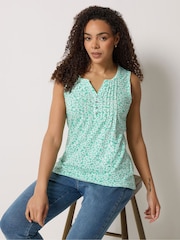 M&Co Green Leaf Print Cotton Sleeveless Henley Top - Image 1 of 5