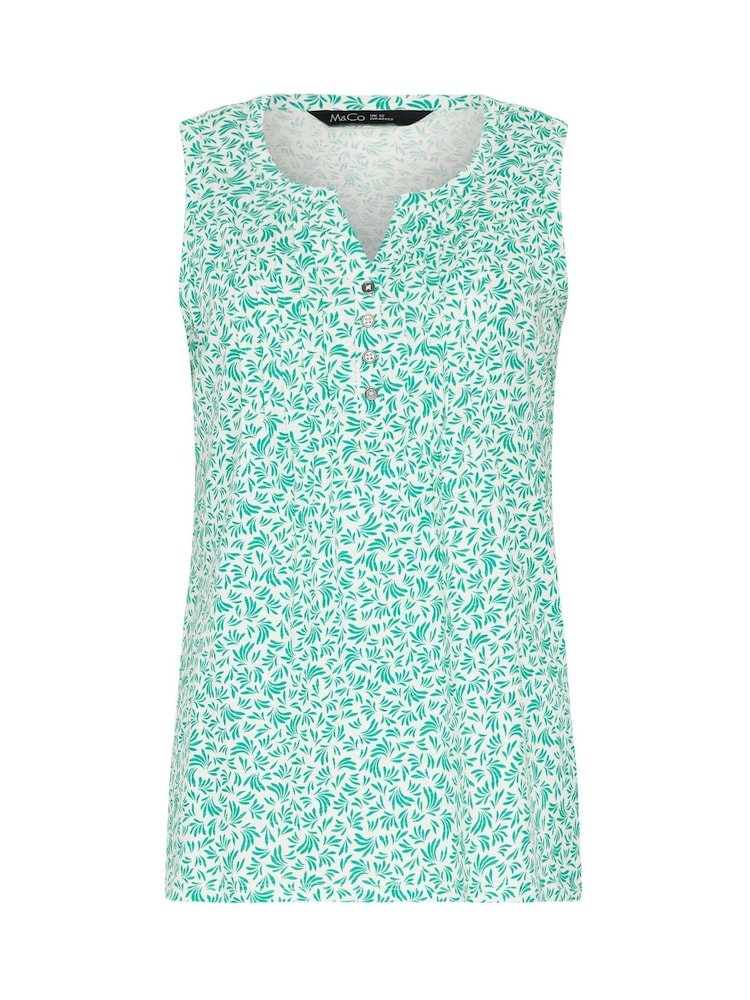 M&Co Green Leaf Print Cotton Sleeveless Henley Top - Image 5 of 5