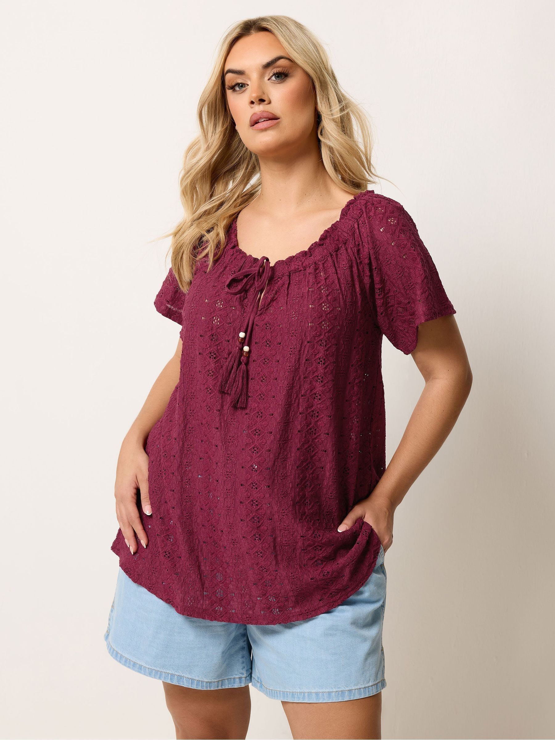Yours Curve Women's Red Broderie Anglaise Top