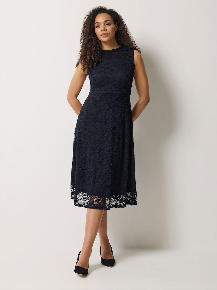 M&Co Navy Lace Lined Skater Dress - Image 1 of 5