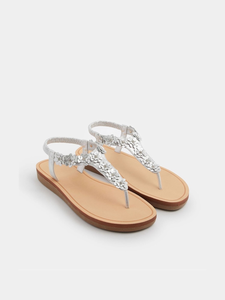 Yours Curve Silver Wide Fit Extra Wide Fit Flower Detail Diamante Sandals - Image 1 of 4