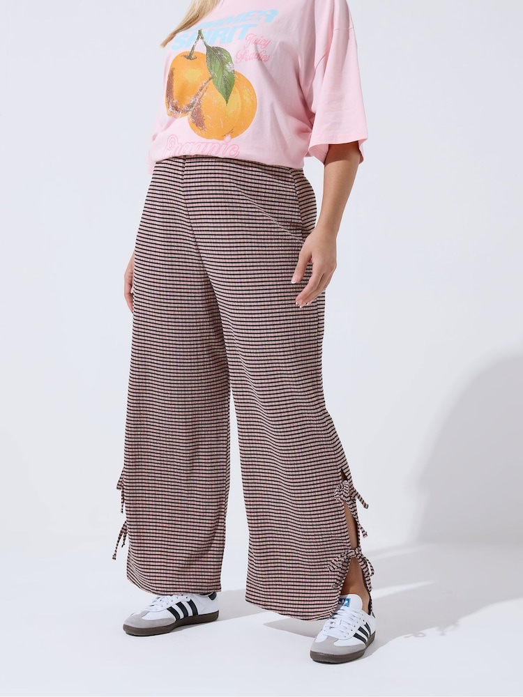 Yours Curve Brown Limited Gingham Tie Hem Trousers - Image 1 of 5 Yours Curve Brown Limited Gingham Tie Hem Trousers - Image 1 of 5