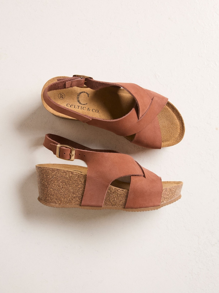 Celtic & Co. Brown Leather Crossover Wedge Sandals - Image 1 of 7