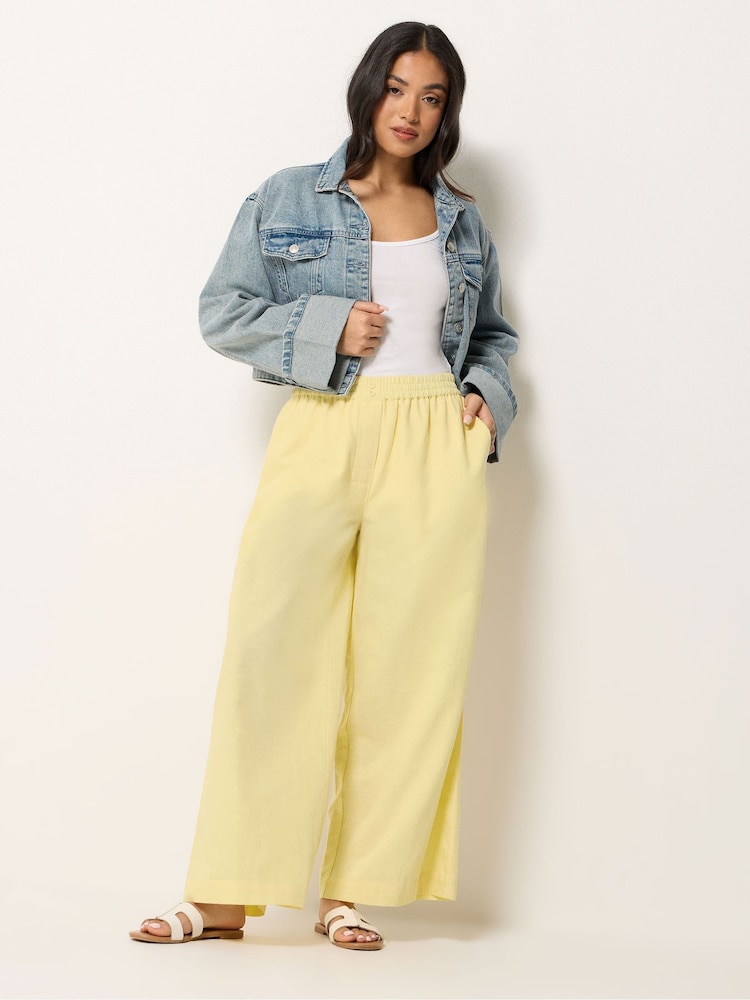 PixieGirl Yellow 2 Button Wide Leg Linen Blend Trousers - Image 1 of 4 PixieGirl Yellow 2 Button Wide Leg Linen Blend Trousers - Image 1 of 4