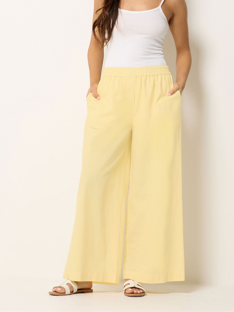 PixieGirl Yellow 2 Button Wide Leg Linen Blend Trousers - Image 2 of 4 PixieGirl Yellow 2 Button Wide Leg Linen Blend Trousers - Image 2 of 4