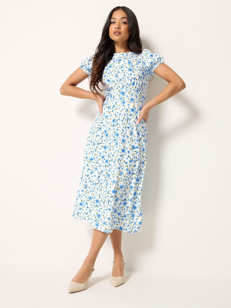 PixieGirl Petite Blue Floral Empire Midi Dress - Image 2 of 5