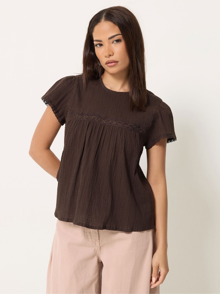 PixieGirl Brown Crinkle Crochet Top - Image 1 of 5 PixieGirl Brown Crinkle Crochet Top - Image 1 of 5