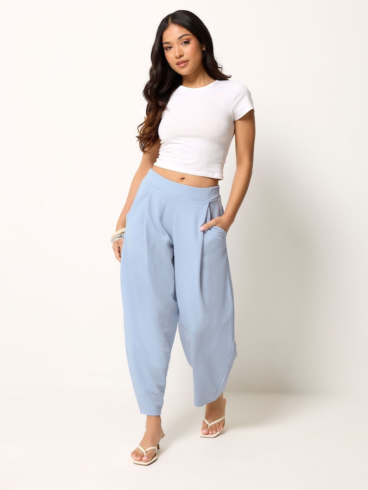 PixieGirl Petite Blue Crinkle Barrel Leg Trousers - Image 1 of 5