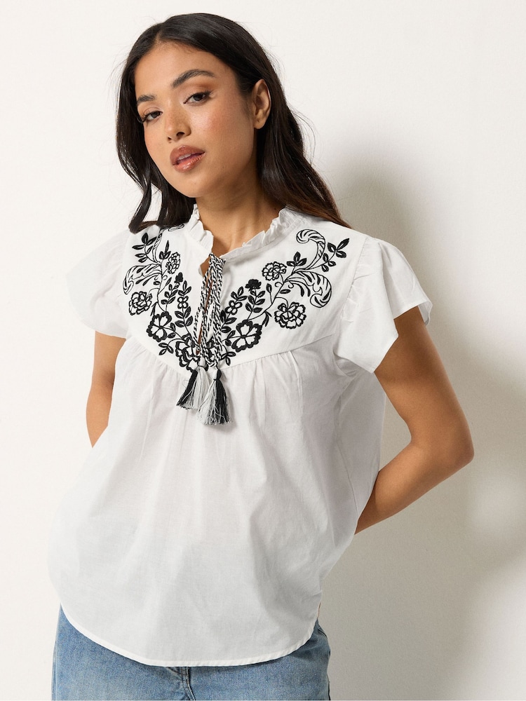 PixieGirl Petite White Frill Sleeve Tie Neck Embellished Blouse - Image 1 of 4