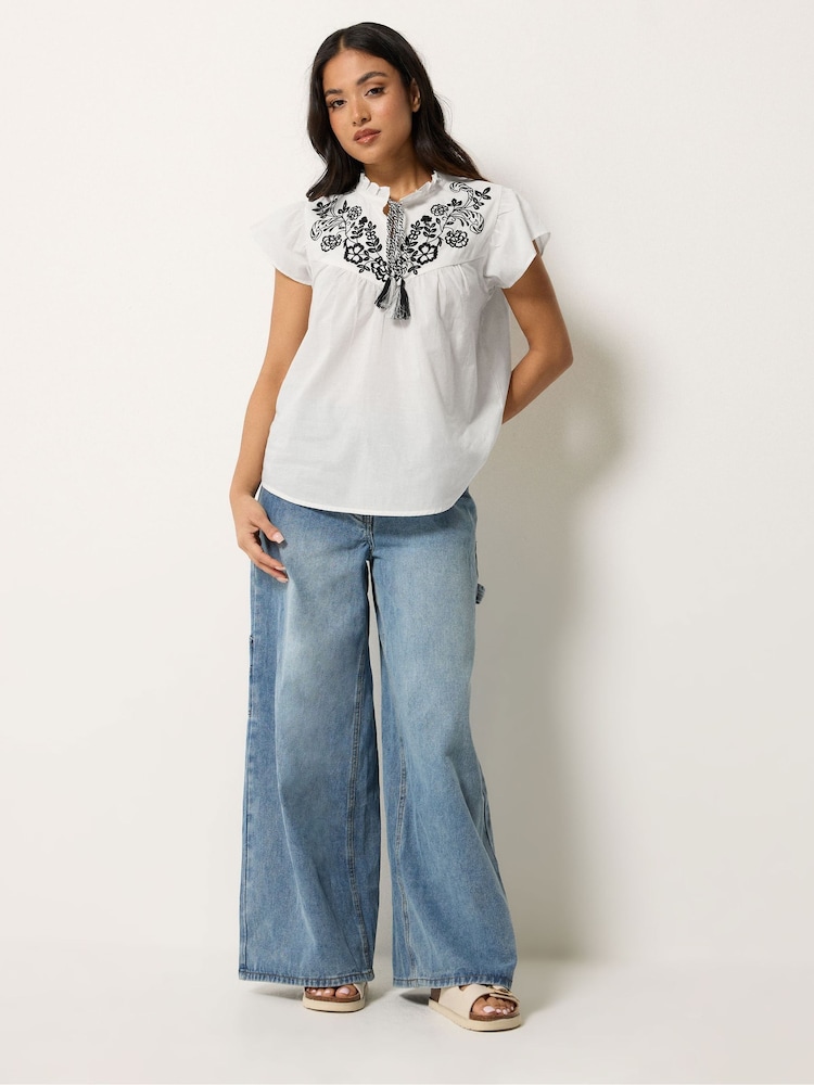 PixieGirl Petite White Frill Sleeve Tie Neck Embellished Blouse - Image 2 of 4