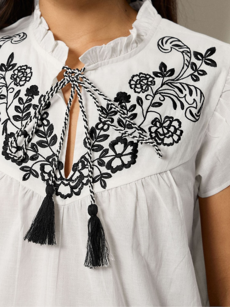 PixieGirl Petite White Frill Sleeve Tie Neck Embellished Blouse - Image 4 of 4