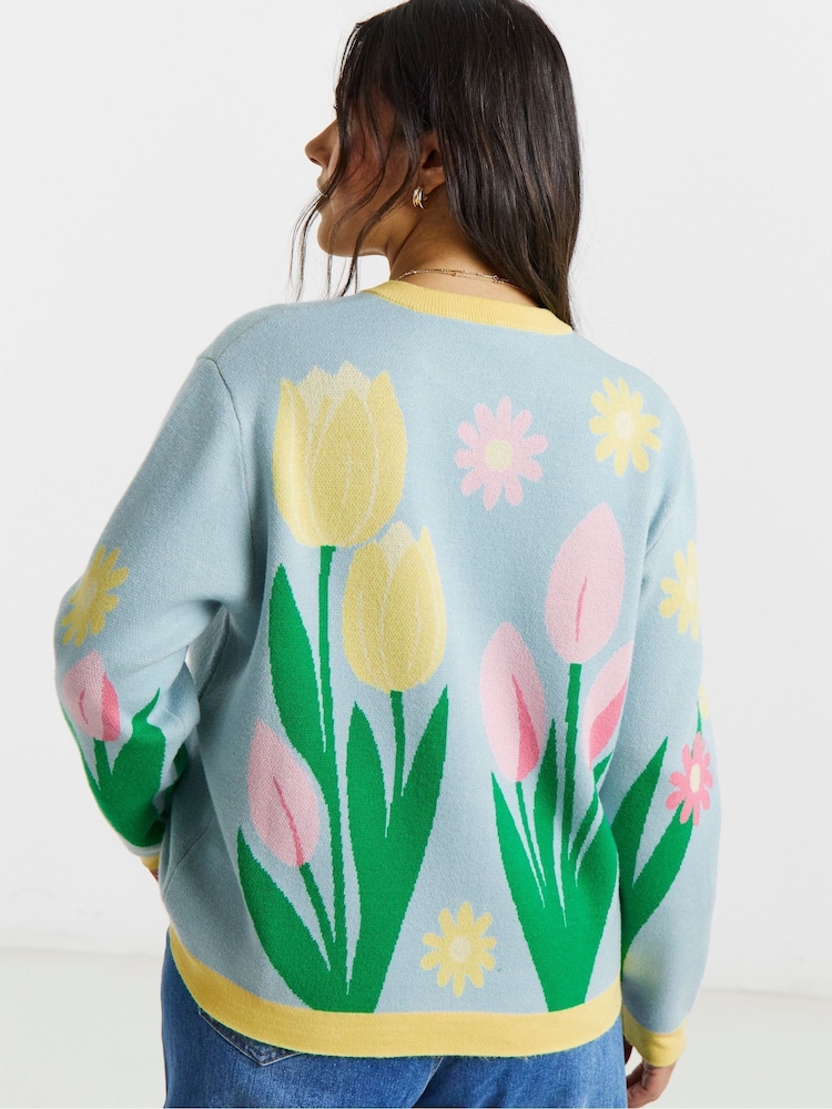 Simply Be Blue Gingham Crew Neck Cardigan - Image 2 of 4