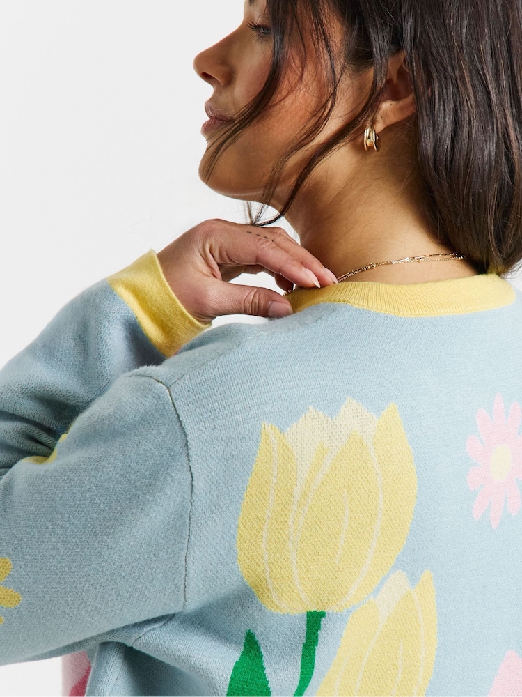 Simply Be Blue Gingham Crew Neck Cardigan - Image 4 of 4