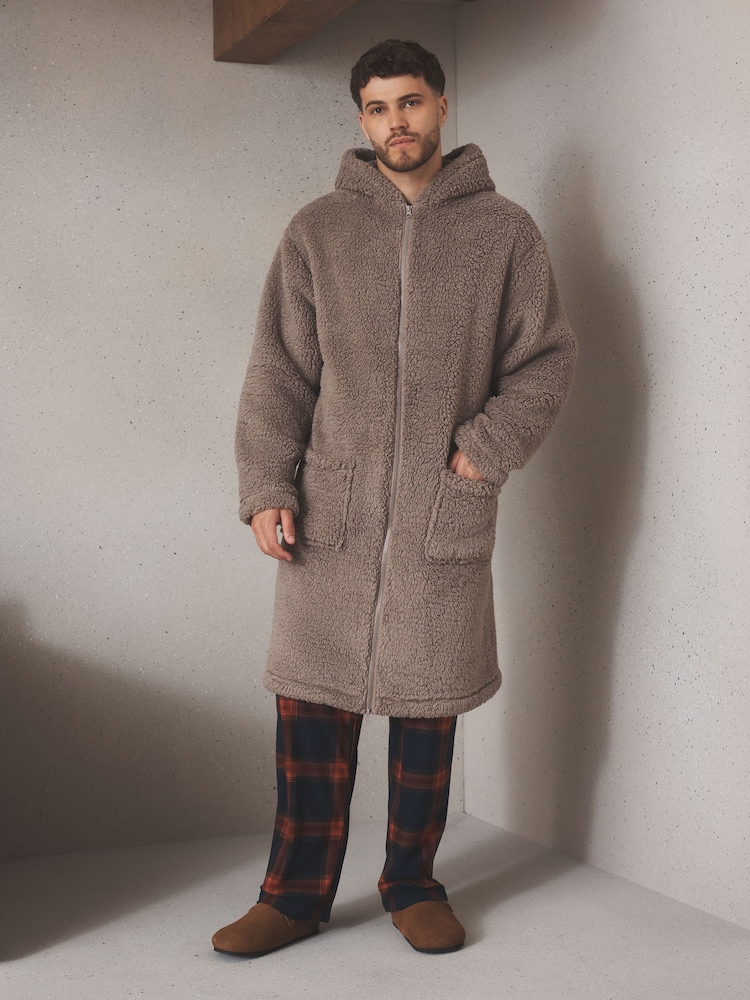 Neutral Zip Through Borg Dressing Gown - Image 1 of 6 Neutral Zip Through Borg Dressing Gown - Image 1 of 6