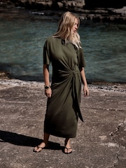 Khaki Green Tie Waist Midi T-Shirt Dress - Image 1 of 7